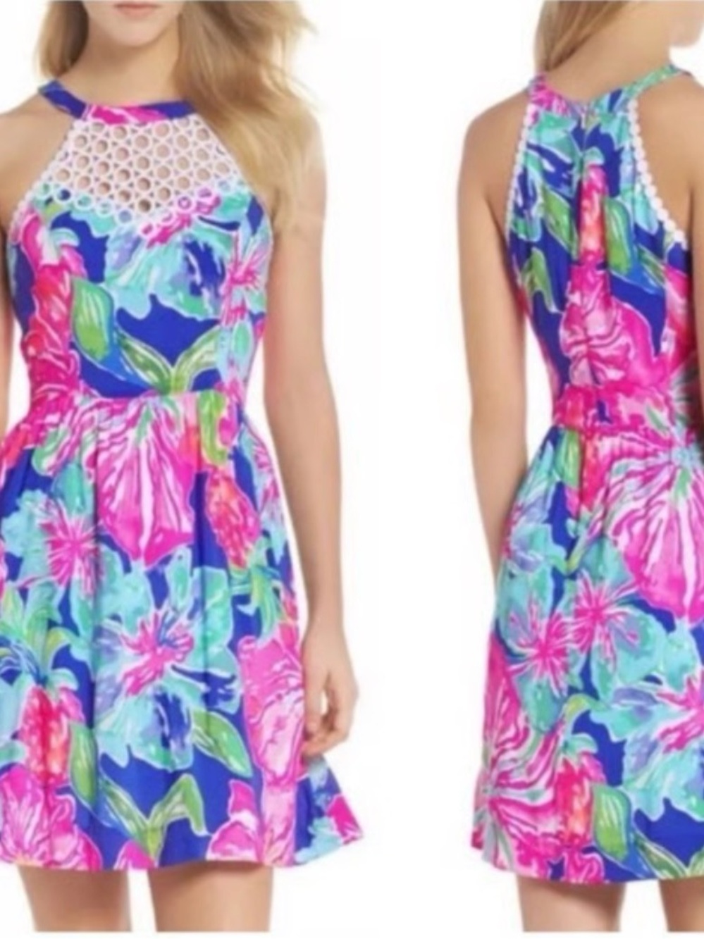 Girls Pink Floral Halter Dress with White Crochet Yoke